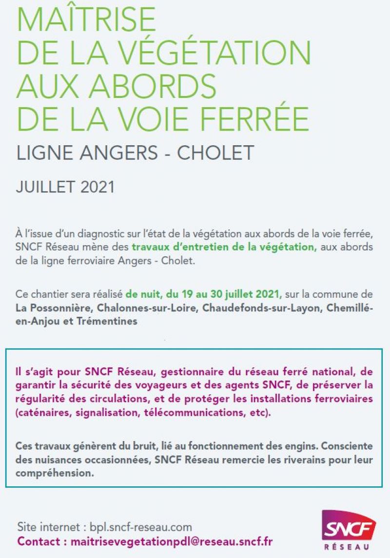 SNCF Réseau - Travaux d'entretien ligne Angers-Cholet du 19 juillet au